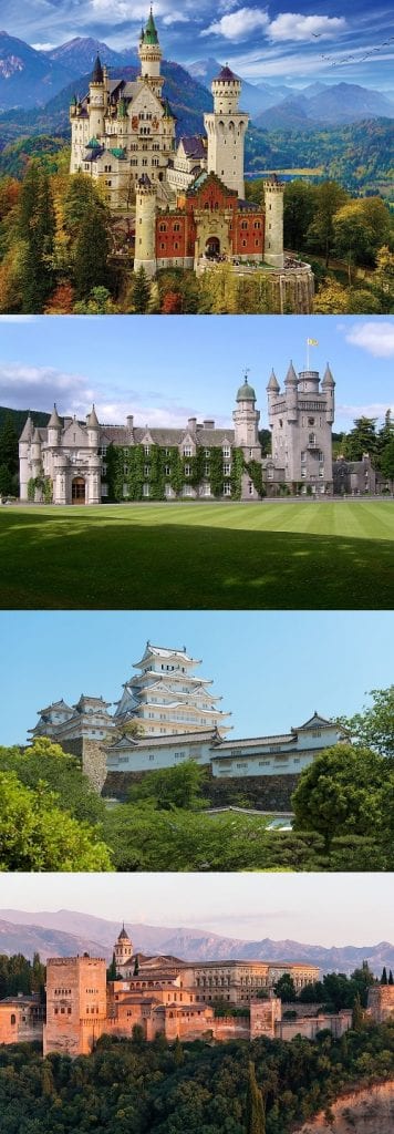 Neuschwanstein Castle, Balmoral Castle, Hijemi Castle, and the Alhambra.